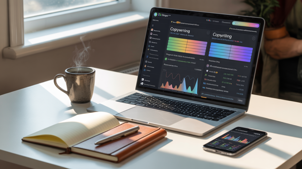 AI copywriting dashboard on a laptop showing keyword insights and content suggestions for boosting conversions.
