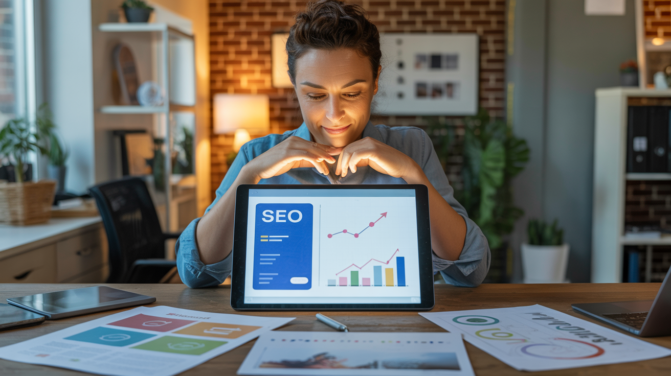 Small business owner using AI tools to improve website design, SEO, and marketing performance